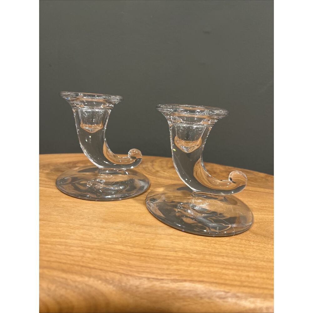 Vintage 4 Inch Cornucopia Horn Glass Candle Holders Crystal